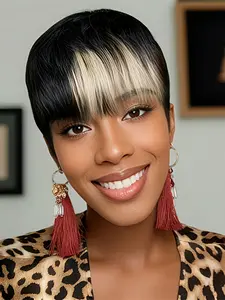 Women's Short Straight Daily Party Cosplay Wig, Machine Made Pixie Cut Human Hair Wigs, 150% Density, Color 1b613, Silky Straight Wig