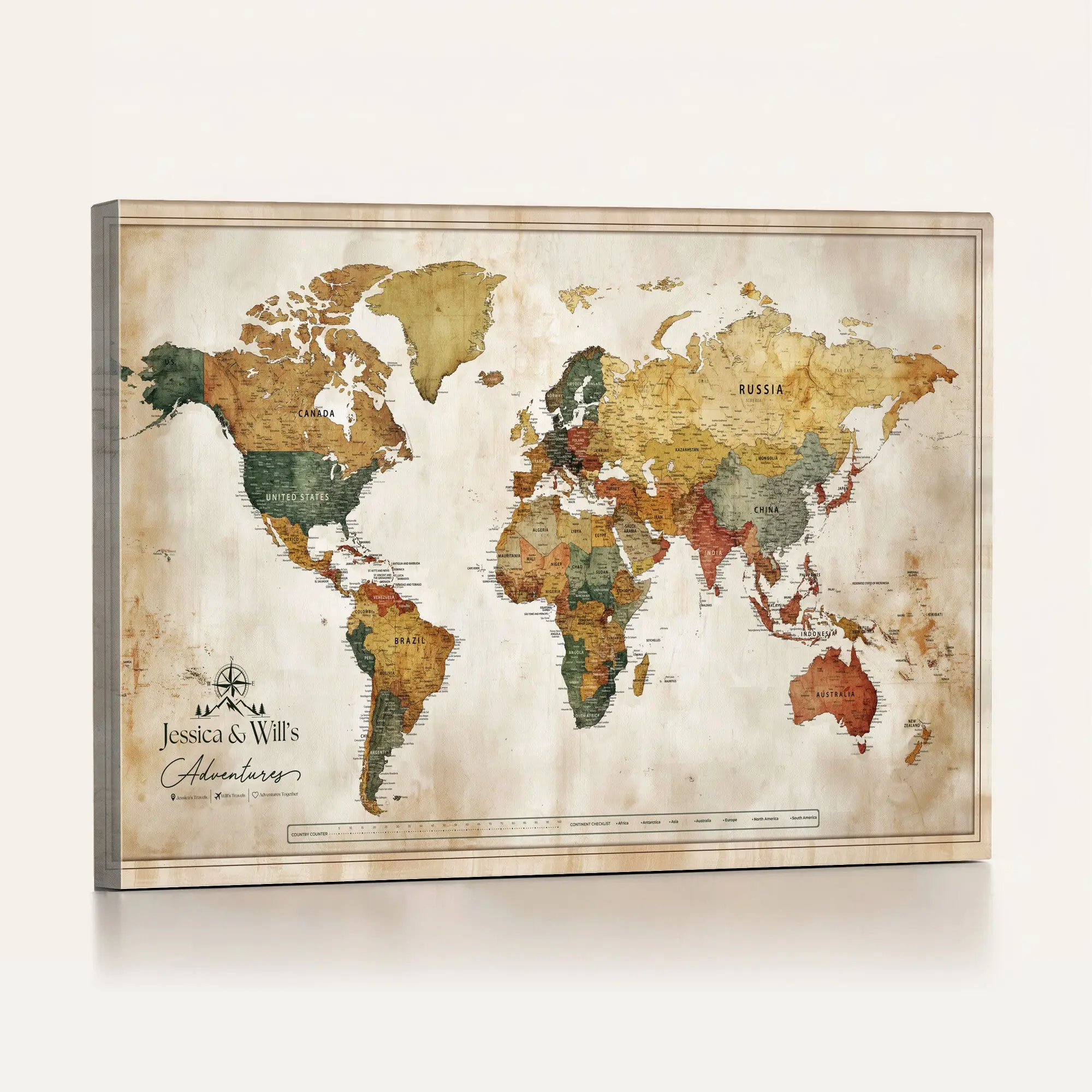 Custom Push Pin World Map Canvas | Personalized Travel Tracker | Wedding Anniversary Gift for Couples | Adventure Map Wall Art with Pins