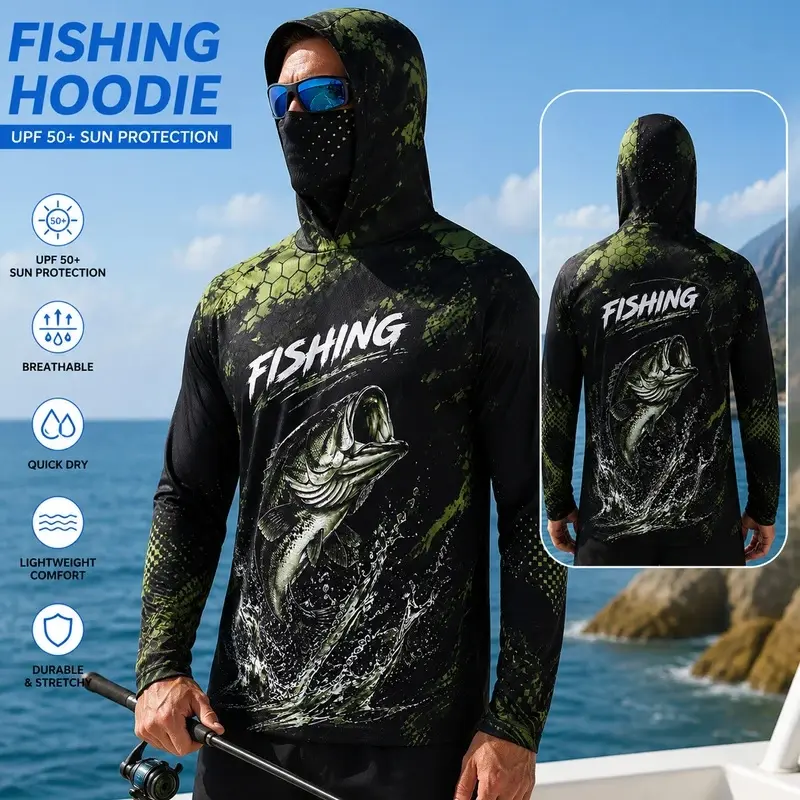 Men's Outdoor Fishing Hoodie UPF 50+ Long Sleeve Breathable Athletic Shirt with Bass Fish Graphic for Hiking Running Boating