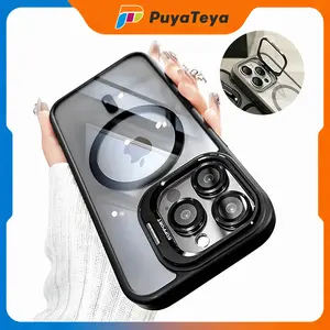 PuyaTeya Magnetic Phone Case for iPhone 17, 16, 15, 14, 13, 12, Pro, Pro Max, Built-in Metal Camera Kickstand & Camera Lens Protective Film, Anti-Scratch/Fingerprint Shockproof , non-yellowing Acrylic Clear Phone Cover Magsafe Accessories, Casing, Protect