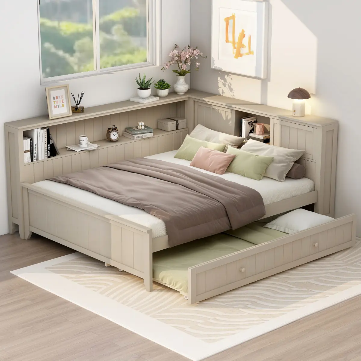 Antique White Full-Size Wood Daybed with Twin Trundle Pull-Out Bed, Vertical Lines, Storage Shelves, Sliding Doors, 500lbs/220lbs Capacity, 85.4''L x 64.4''W x 38.6''H - Assembly Required, Ideal for Farmhouse Style Home Decor