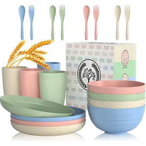 Premium Wheat Straw Dinnerware Set 20 PCS - Eco-Friendly, Unbreakable, Microwave & Dishwasher Safe, Lightweight, Reusable Plates, Bowls, Cutlery for Kitchen, Camping, Colorful 40Pcs Black