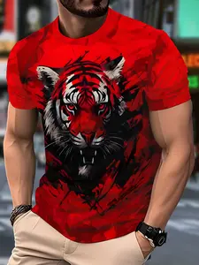 Men's Summer Trendy Red Tiger Head 3D Print Short-Sleeve T-Shirt, Personalized Street Style Casual Loose Crew Neck Top with Stylish Animal Print