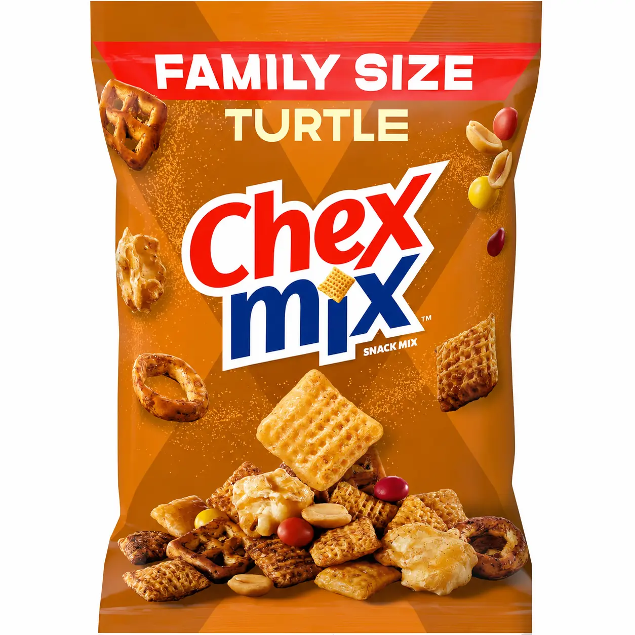 Crunchy Turtle Snack Mix by Chex, Family Size 13.5 oz - Corn, Caramel & Cocoa Cereal, Pretzels, Caramel Popcorn, Chocolatey Pieces, Peanuts, 50% Less Fat Than Potato Chips