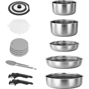 Detachable Nonstick Cookware Set - Stackable Induction Pots and Pans With Removable Handles, Dishwasher Safe - For RV Camping, Oven and Stovetop Use, 5 count (Stainless Steel)
