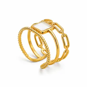 White Mother of Pearl Statement Ring, Titanium Steel Alloy Gold Tone Ring for Women