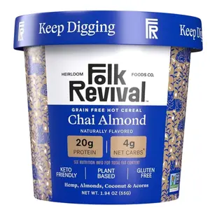 Folk Revival Chai Almond Keto Instant 'Oatmeal' - 20g Protein 4g Net Carbs, 7g Fiber,  Plant Based, Grain Free Hot Cereal Made with Acorns!