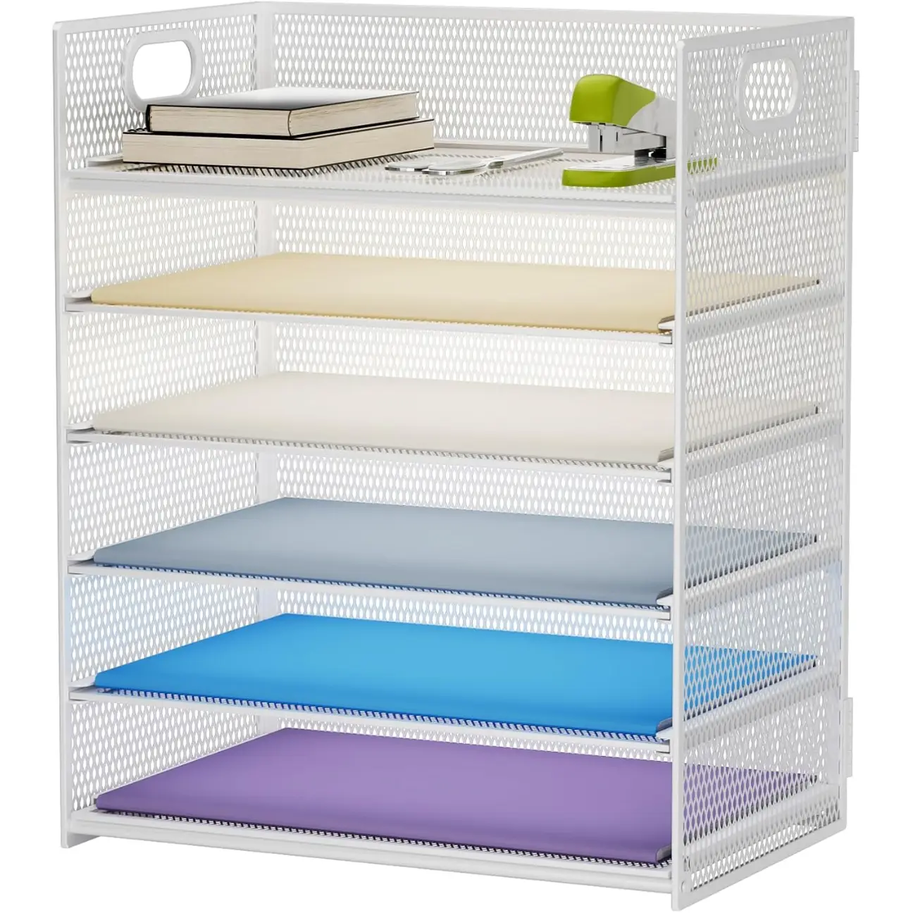 6 Tier Paper Organizer Letter Tray - Mesh Desk File Organizer with Handle, Paper Sorter Organizer for Letter/A4 Office File Folder Holder - White