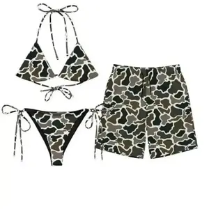 Matching Camo Couples Swimwear Set Aesthetic Green Camouflage String Bikini & Swim Trunks - Perfect for Summer Beach & Lake Days