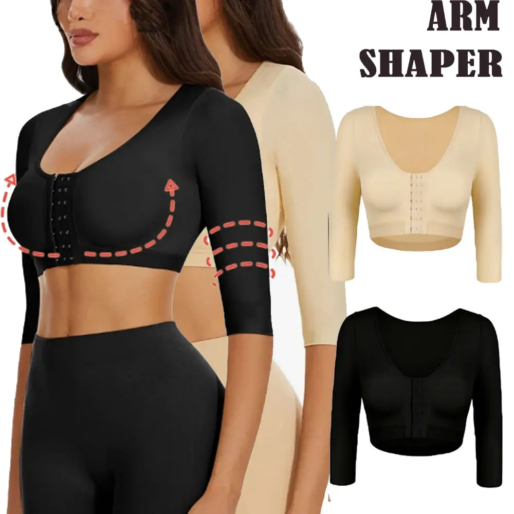 Women's Post-Surgery Seamless Compression Arm Sleeve Shapewear - Full Coverage Push Up Bra, Long Sleeves, Front Corset, Slim Fit, Body Contouring Binder Top, Black