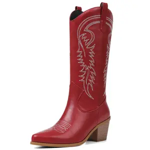 Women's Western Embroidery Vintage Chunky Heel Mid-Calf V-Cut Cowboy Boots PU Leather Blackpu Knee High Cowgirls Boots for Western Lovers