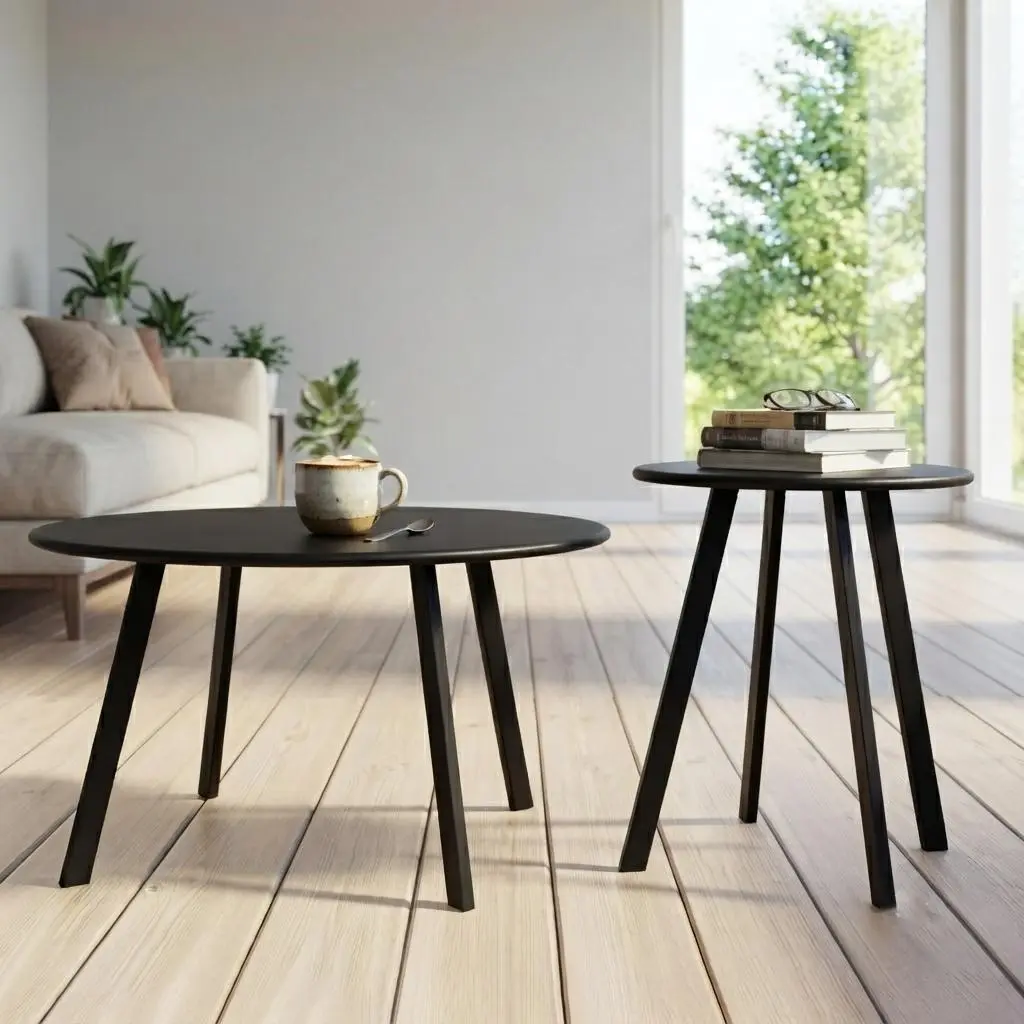 2-Piece Round Nesting Coffee Table Set, Modern All Black Metal Side End Tables, Space Saving Stackable Accent Table, Waterproof Heavy Duty Small Round Side Table for Living Room Bedroom Balcony Patio, Indoor & Outdoor Multi Purpose Decor Snack Tea Table