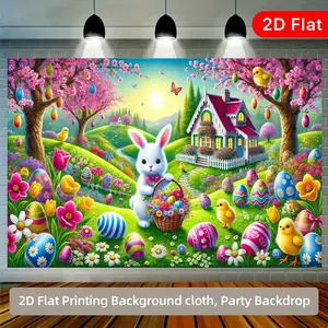 1PC,2D Flat Easter Themed Decorative Backdrop, Cartoon Rabbit & Easter Eggs Party Decoration Backdrop, Children's Birthday Photo Background Cloth, Festival Event Decorative Tapestry, 2D Flat - Pri