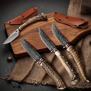 1pc Angular Handle Multi-Functional Knife - Stainless Steel Damascus Pattern Blade Knife with Sheath Cover, Ideal for Kitchen Meat/Fruit Cutting and Carving Cooking