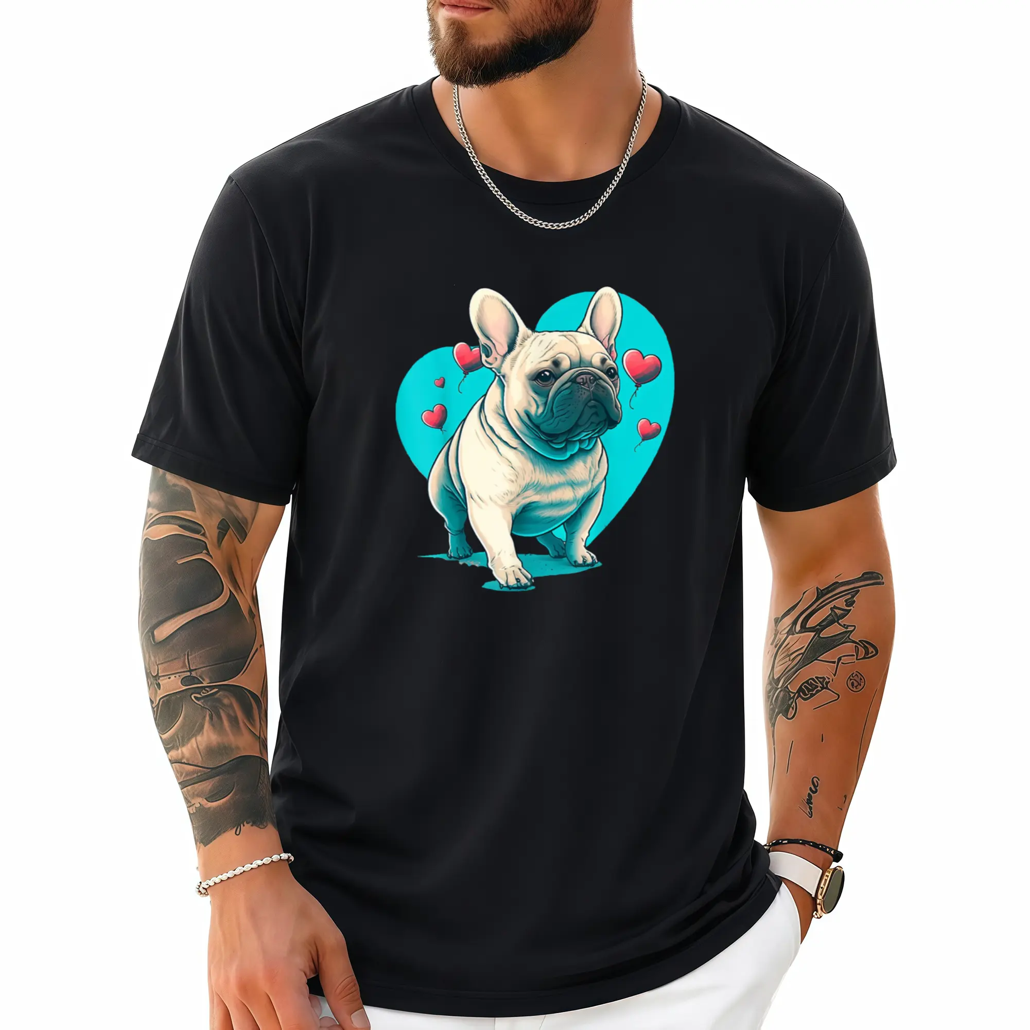 Valentine's Day French Bulldog T-Shirt - Cute Frenchie Puppy with Turquoise Blue Heart Eyes & Hearts, Heavyweight 220g Cotton Retro Dog Lover Gift, Unisex Casual Crew Neck Tee for & (S-XXXL), Machine Washable