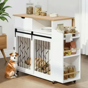 2 IN 1 Modern Dog Crate Kitchen Island With Storage for Small-sized Dogs up to 40lbs, 33.8" L, Cream White Dog Furniture End Table  with Wheels    RR