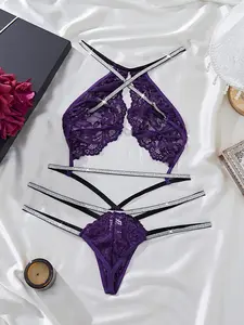 "velvet Mystery" Lace Bra & Thong Set, Lingerie, Elegant Dazzling Rhinestone Straps, All Seasons Cross Back Design for Luxurious Style, Sheer