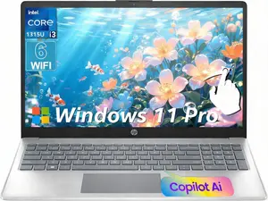 HP Touchscreen Laptop Computer designed for students and professionals, featuring Windows 11 Pro, Intel Core i3-1315U (Up to 4.5GHz), 15.6" LED, Copilot AI, Numeric Keyboard, Type-c.Silver finish.