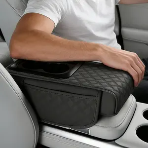 4 in 1 Universal Car Armrest Cover, 13.8×6.7×2.75 Inch PU Leather Center Console Pad with Cup Holder & 2 Storage Pockets, Multifunctional Auto Armrest Cushion Protector Mat - Black