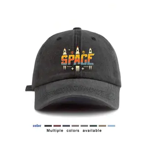 Vintage Washed Casual Baseball Graphic Hat - 100% Polyester, Anti-UV, Adjustable Cap Hats, Space Rocket Motif, Lightweight Breathable Sweat-Wicking for Daily Wear, Outdoor Activities, Baseball Graphic Hats