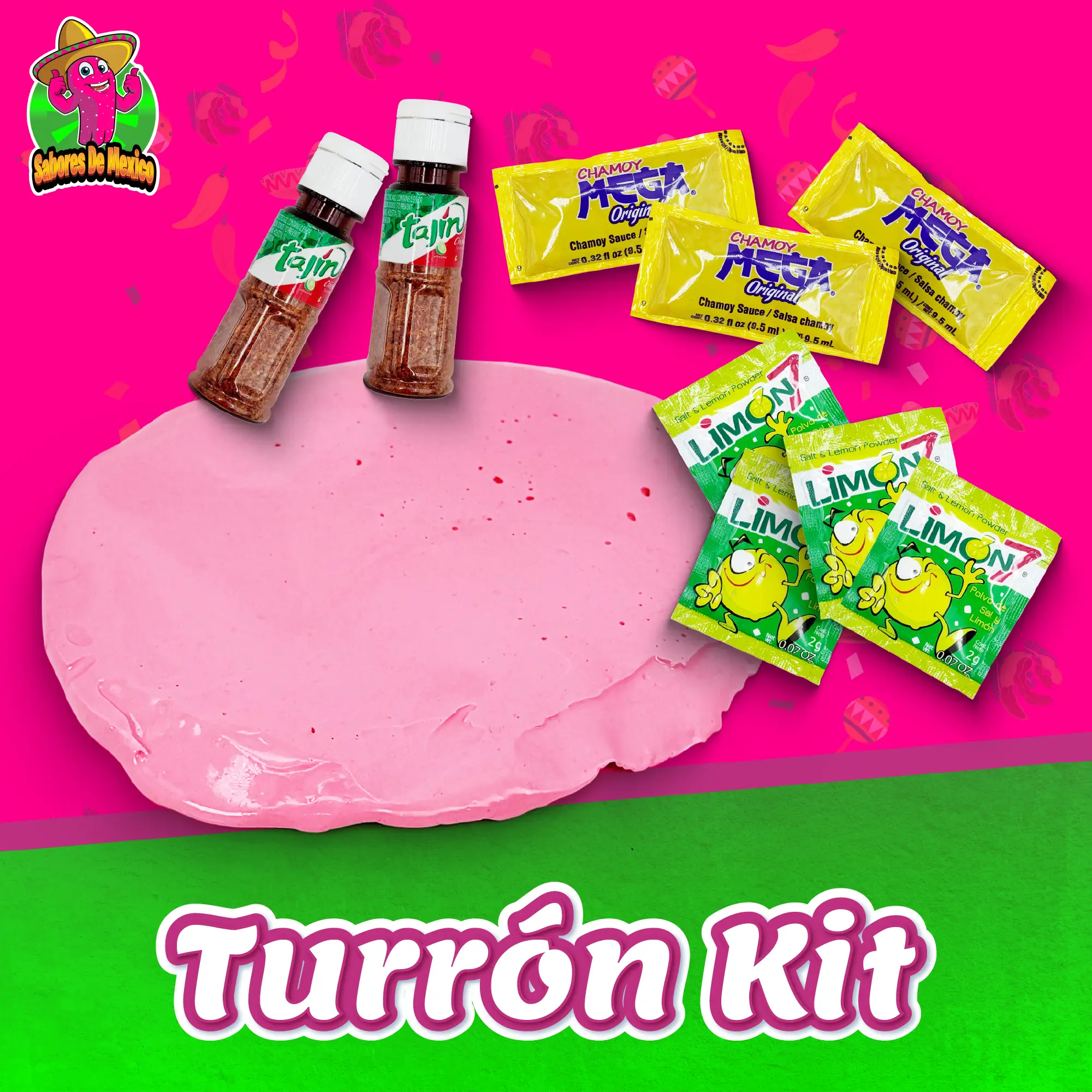 Turron Kit - Includes 4oz Turron, 2 Mini Tajin, 3 Chamoy Packets, 4 Limon7, Sweet and Tangy Nougat Mexican Candy Honey Snack Bonbon Dulce Mexicano