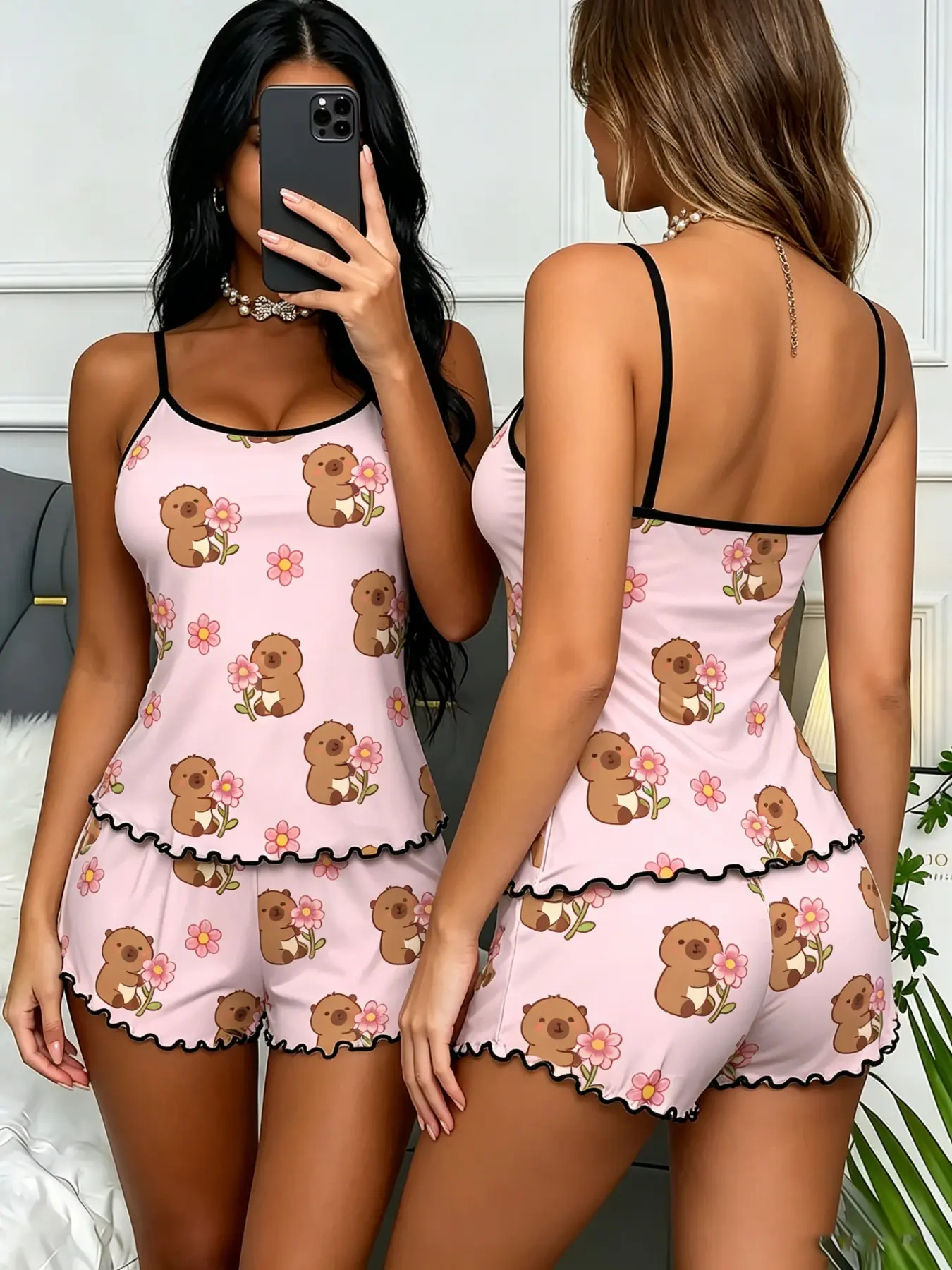 Women's Pajama Set, Tank Top & Shorts, Sexy Slim-Fitting, All over Print, Above the Knee, Home Wear, Comfortable Sleepwear