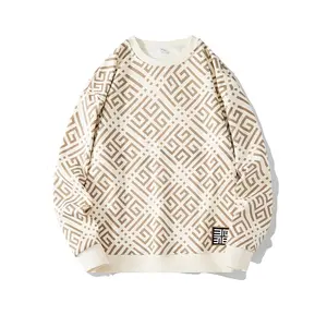 Vintage Pattern Full Print Crew Neck Sweatshirt Drop Shoulder Style Geometric Jacquard Casual Top