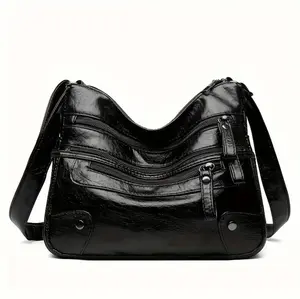 Women's Washed Leather Shoulder Bag - Large-Capacity Messenger Bag with Multi-Zip Closure