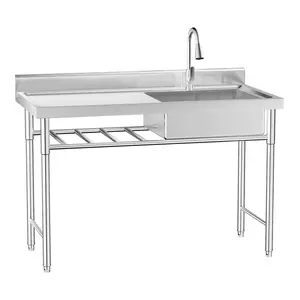 CNCEST Load-bearing 300kg/661lbs Free-Standing 201 Non-magnetic Stainless Steel Thickened Commercial Sink Prep Table w/ 360°Faucet