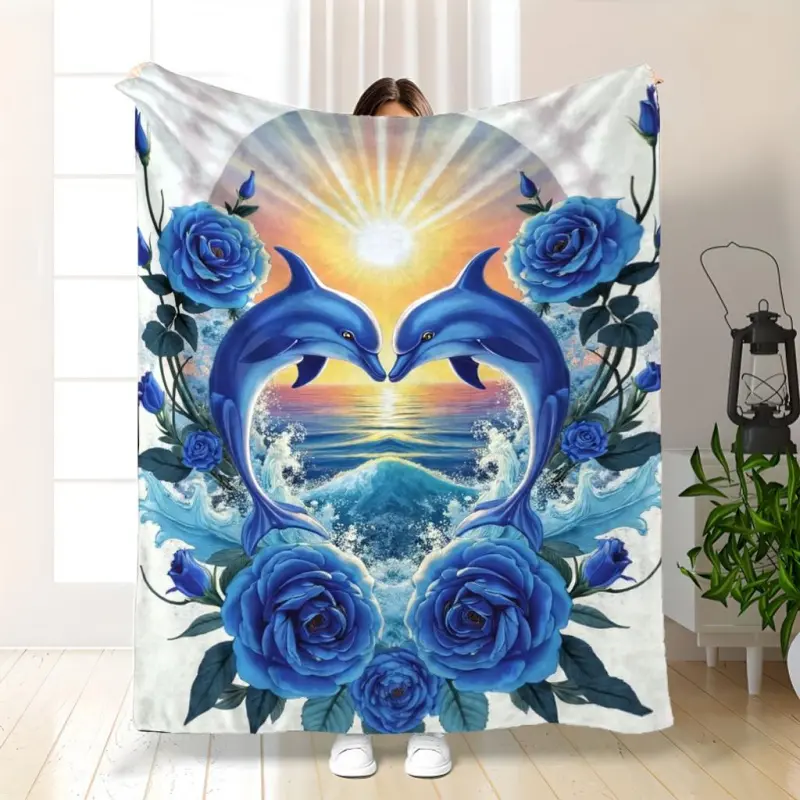1Pc Blue Rose & Dolphin Sunset Flannel Blanket |   Soft Warm All-Season Throw With Vibrant Digital Print, Contemporary Design For Sofa, Bed, Camping, Car - Perfect Gift For Him & Her, 280Gsm Polyester