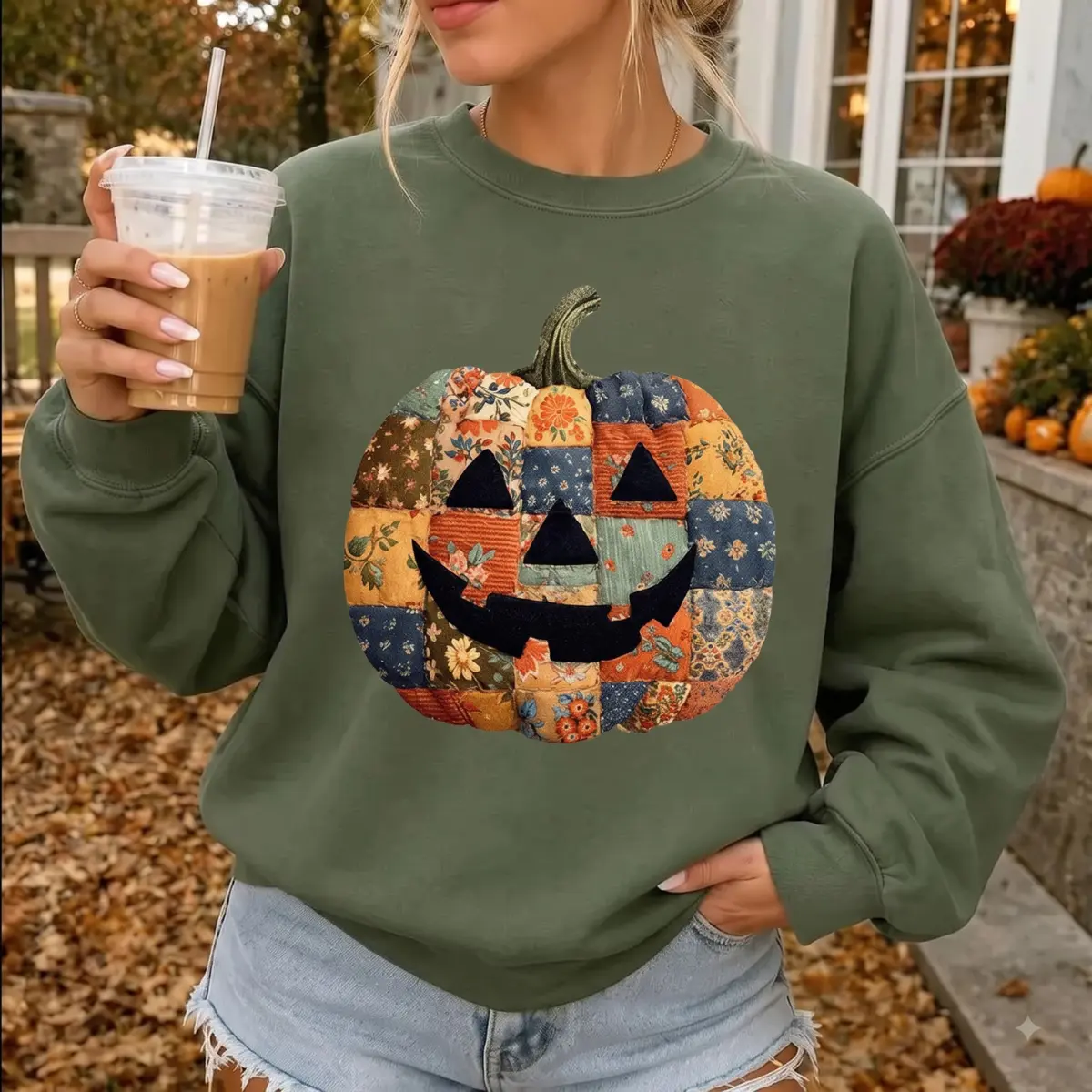 Retro Patchwork Halloween Pumpkin Sweatshirt, Cozy Spooky Season Sweater, Cute Fall Aesthetic Outfit, Halloween Gift for Women