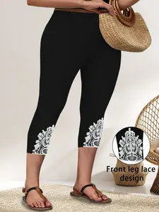 Plus Size Lace Yoga Pants for Women, High Waisted Butt Lifting Sports Fitness Leggings, Skinny Sports Leggings, Athleisure Fitness Leggings, Seven Inch Tight Fit, Lace Trim, All Seasons