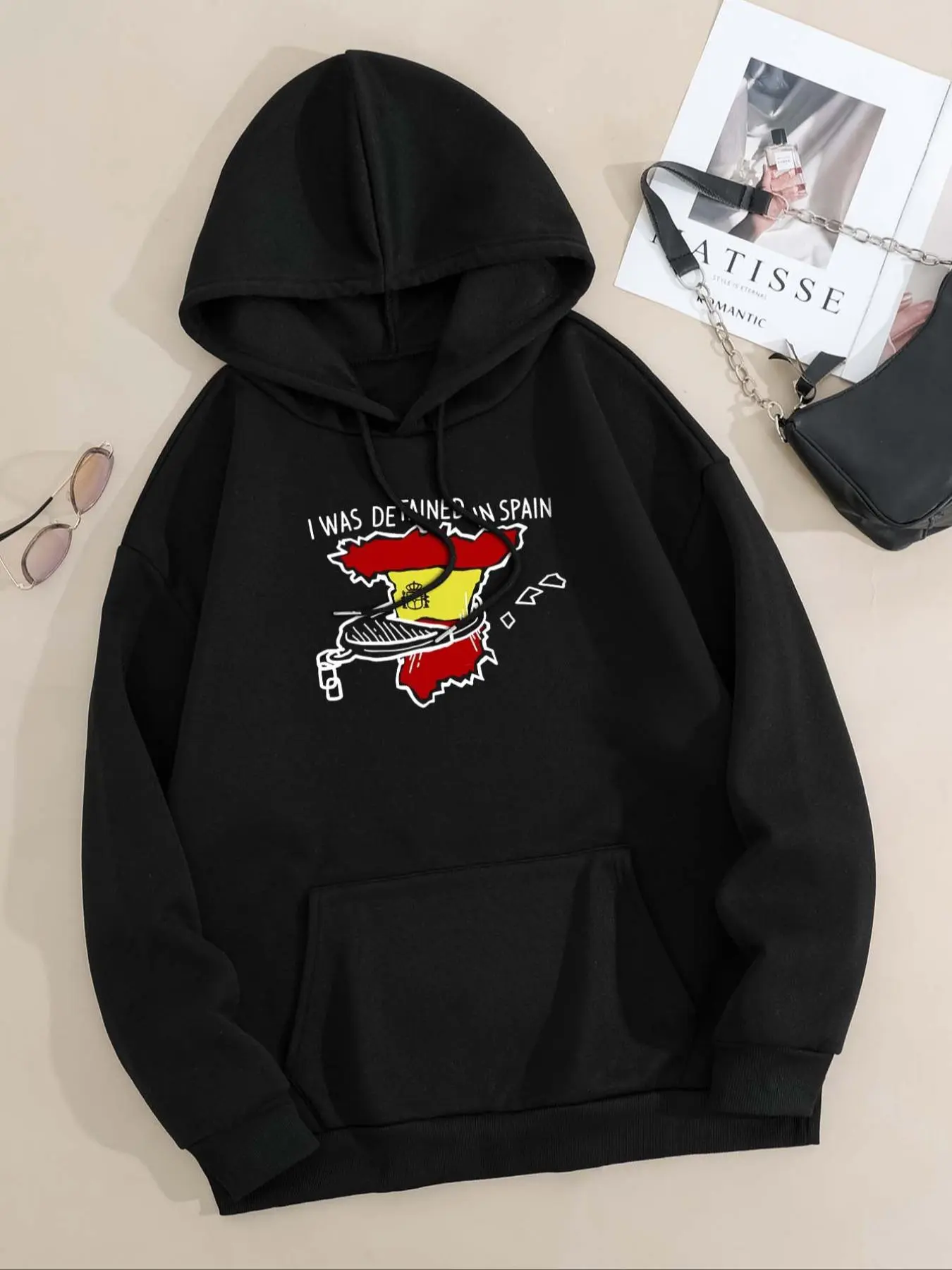 Women's Spain Flag Print Pocket Hoodie, Casual Long Sleeve Drawstring Hooded Sweatshirt for Fall & Winter, Women's Clothes for Daily Wear