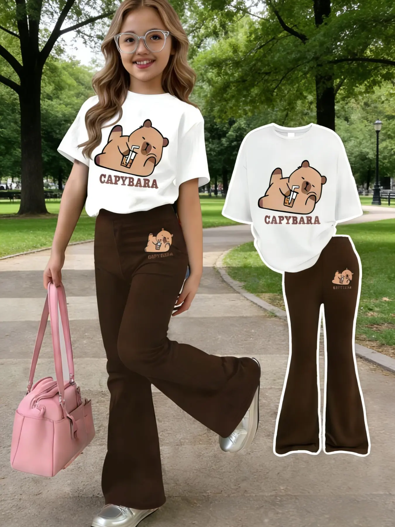 Girls Capybara Print Short Sleeve Flare Pants Set Summer Casual 2 Piece Outfit Summer Clothing Set