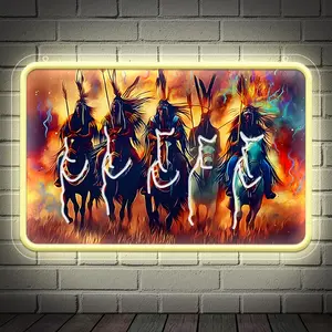 Native American Neon sign,Indian Wall Art Native American Wall Decor, Indian Warriors on Horseback Art Light for Home Decor Light, USB Powered Dimmable To Hang