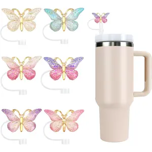 Stanley Straw Cover Cap, 6PCS Glitter Toppers for Stanley Cup, Reusable Tumbler Accessories Compatible with 10mm Straw, Christmas Funny Gifts for Women & Girls (ButterflyA)