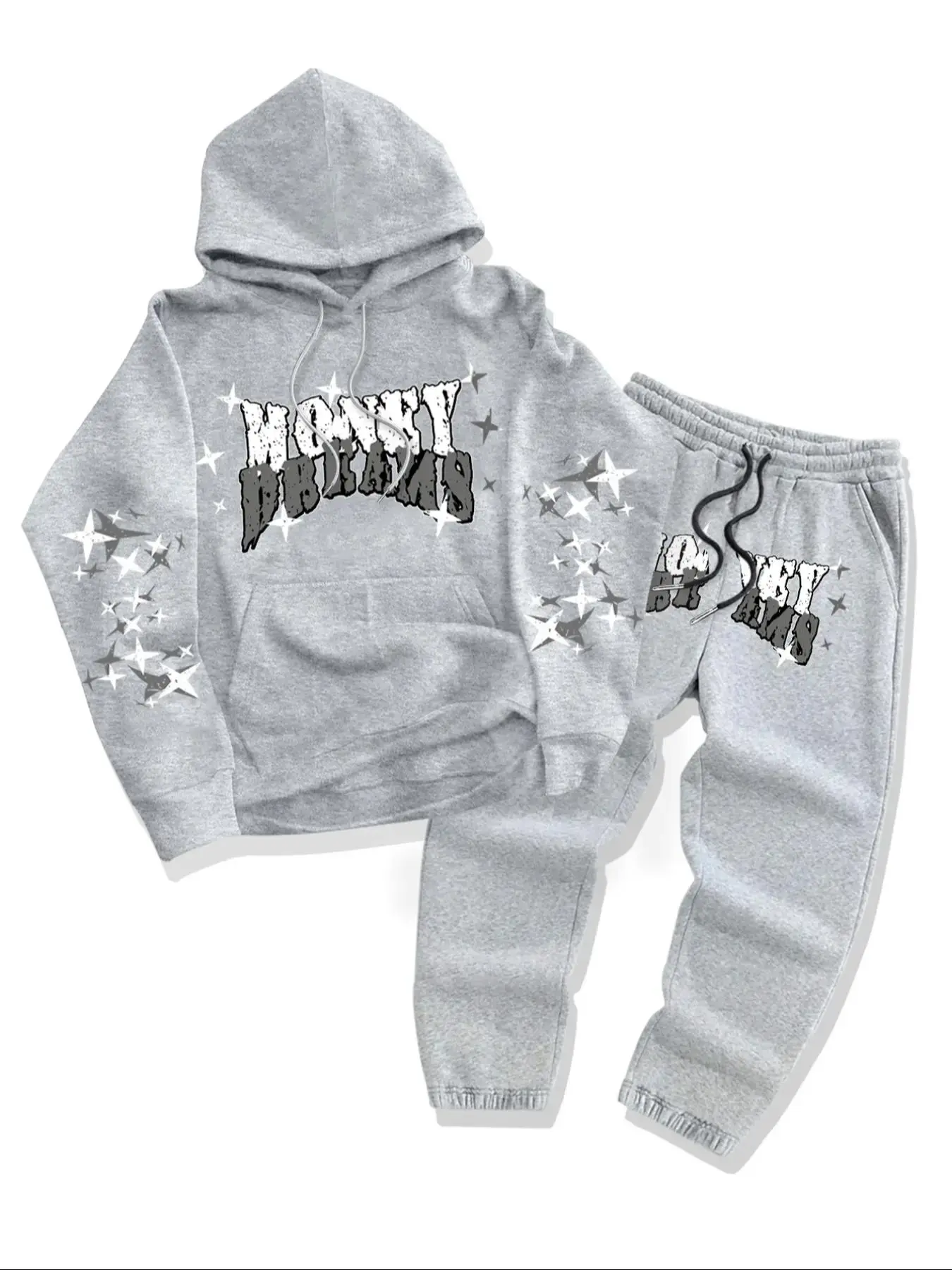 Men's Knit Hooded Sweatshirt Matching Activewear Set with Star Letter Print, Long Sleeve Pullover & Drawstring Pants, Casual Fall Winter Outfit Clothes