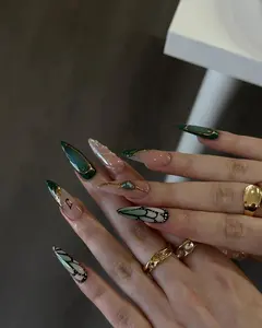 HelenNails – Butterfly Wings Press On Nails with Forest Green Marble & Gold – Mystical Gothic Nail Art in Luxury Finish – HL336