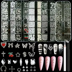 1Set Silver Nail Charms Y2K Kit,5 Boxes 3D Nail Charms and Gems Rhinestones for Nail Art Accessories,Silver Piercing Cross Charms for Nails Design Star,Flatback Pearls Caviar Beads for Nails Decor, Rhinestone Decorations
