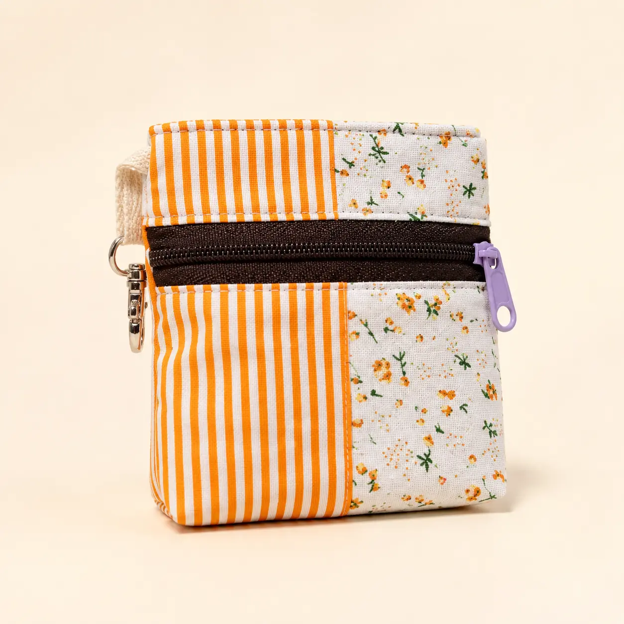 Handmade Standing Zipper Pouch – Orange Stripe & White Ditsy Floral / Black Zipper