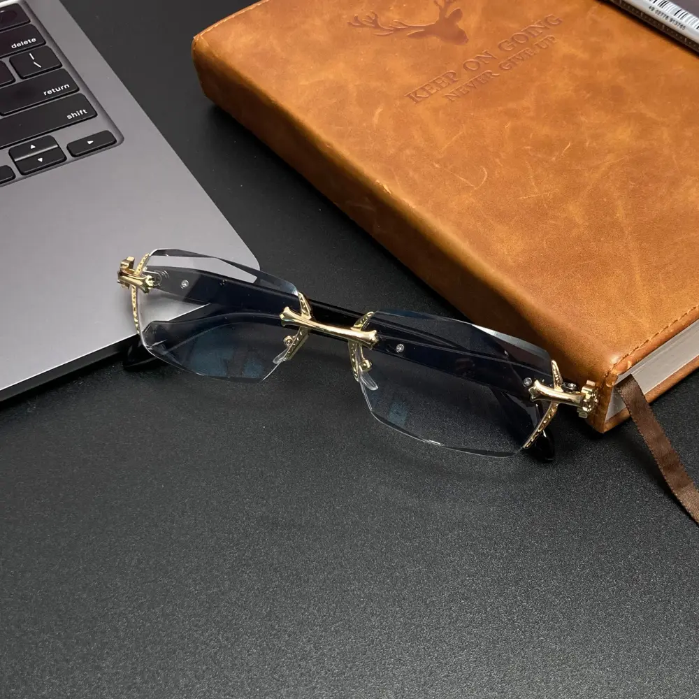 Rimless Chrome Frame EyeGlasses – Unisex Clear Eyewear with Blue Light Protection, Anti-Dust & Anti-Fatigue Features, Stylish Diamond-Cut Edges, Durable and Trendy Presbyopic Fashion Accessory in Classic Black Anti-blue Light Blocking