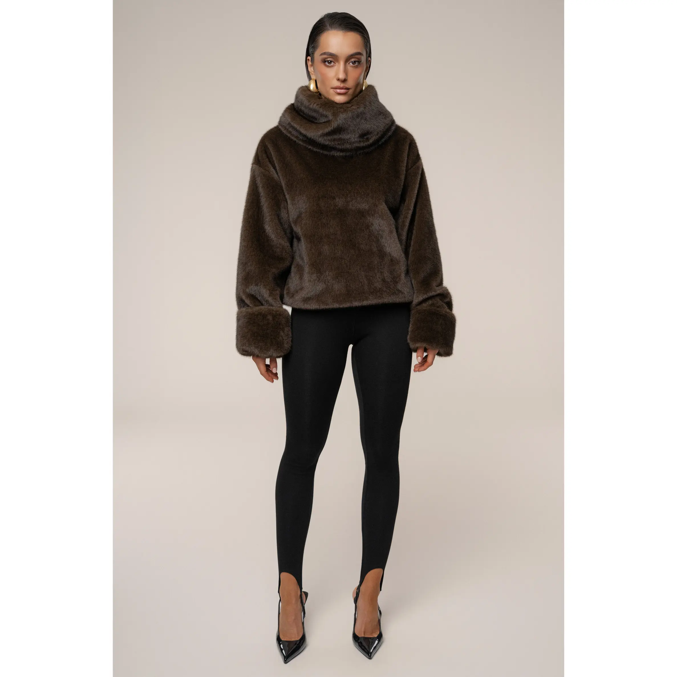 Brown Polished Faux Fur Pullover