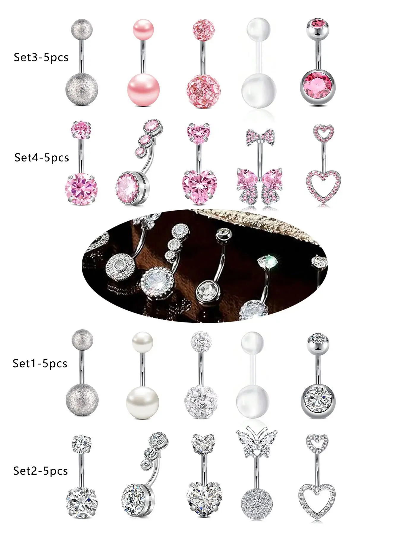 Stainless Steel Belly Rings Set, Belly Button Piercing, Rhinestone & Butterfly Design, Elegant Navel Piercing Jewelry, Body Piercing Jewelry, Body Jewellery, All-Seasons Wear, Unisex Gift Idea