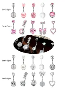 Stainless Steel Belly Rings Set, Belly Button Piercing, Rhinestone & Butterfly Design, Elegant Navel Piercing Jewelry, All-Seasons Wear, Unisex Gift Idea