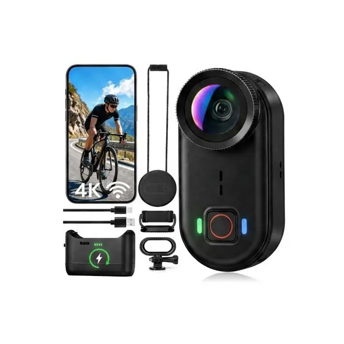4K Waterproof Mini Action Camera with 64GB Storage, WiFi, POV Recording - Magnetic Pendant, Clip Mount, Charging Base, Hands-Free Wearable Body Camera for Motorcycle, Hiking