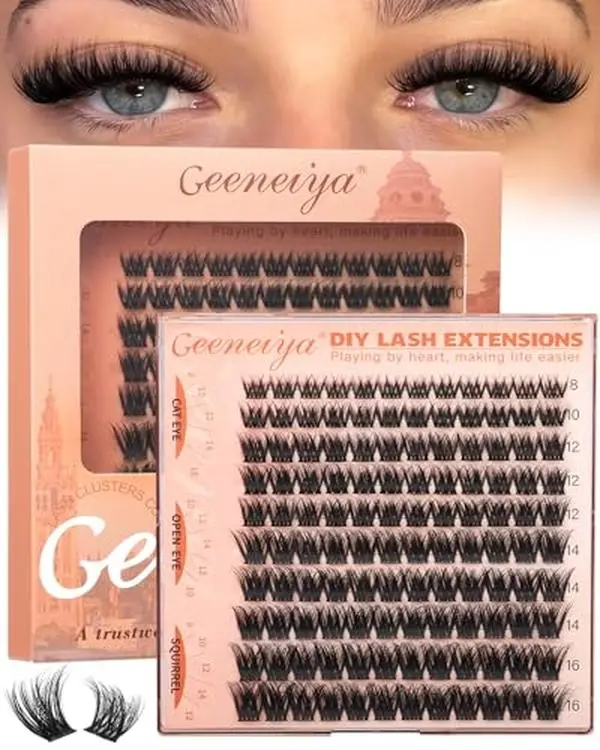 Geeneiya Fluffy Lash Clusters 8-16mm, Natural 3D Fluffy Effect Eyelash Clusters, C Curl DIY Cluster Eyelash Extensions for Salon-Like Lashes at Home