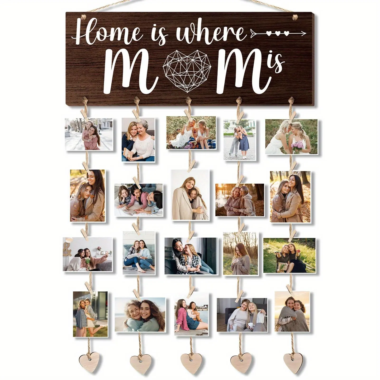 Wooden Hanging Photo Frame, 1 Count Heart Shaped Photo Display with Rope, Wall Hanging Photo Frame for Home Decor, Gift for Mom, Hangable