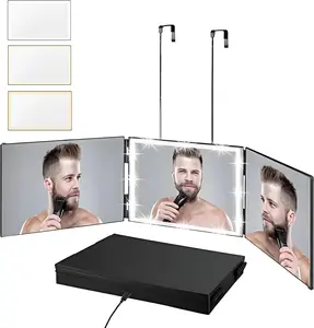 Rechargeable 3-Way Trifold Real Glass Hair Cutting Mirror, Adjustable Lighted Vanity Mirror with 3 Color Temp LED Lights & Telescoping Hooks, Black Decor, Adjustable Lighted Mirror, Rechargeable Vanity Mirror