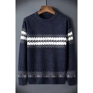 Bmuvlss Men's Vintage Nordic Sweater - Beige & Brown Knit Sweater with Black stripes, Oversized Loose Fit Winter Pullover, Machine Washable Cold Weather Sweater for Everyday & Formal Events - Scandinavian Style Casual Sweater for Men