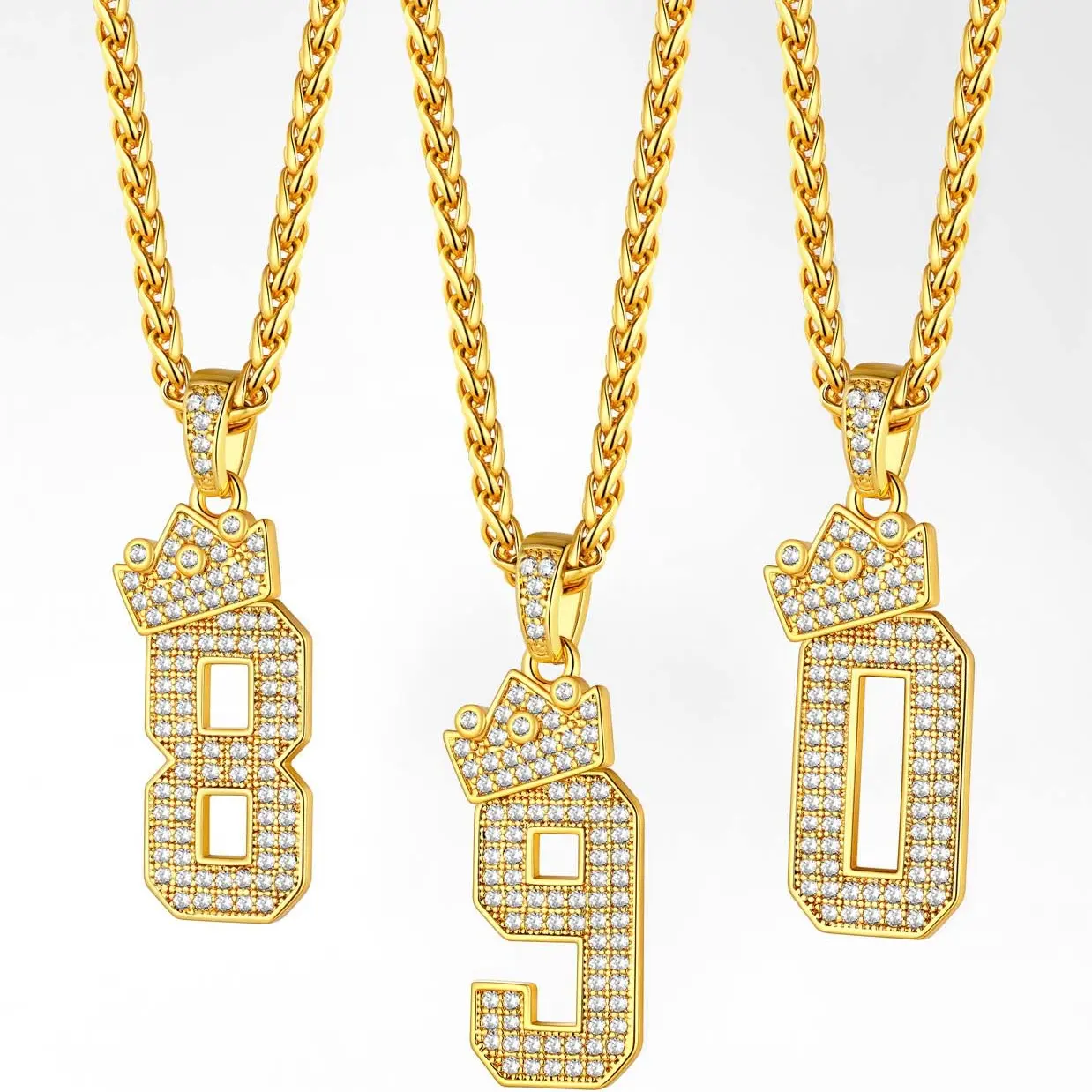 U7 Zircon Crown Number Necklace punk Zirconia Pendant Necklace Jewelry For Men and Women